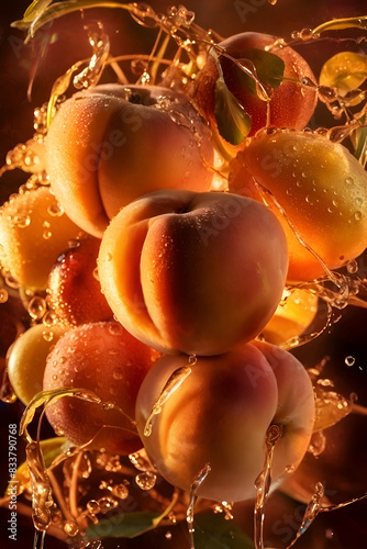 beautiful studio background  image with ripe peaches  with water drops. close up.  digital artwork.  Ai generated. photo