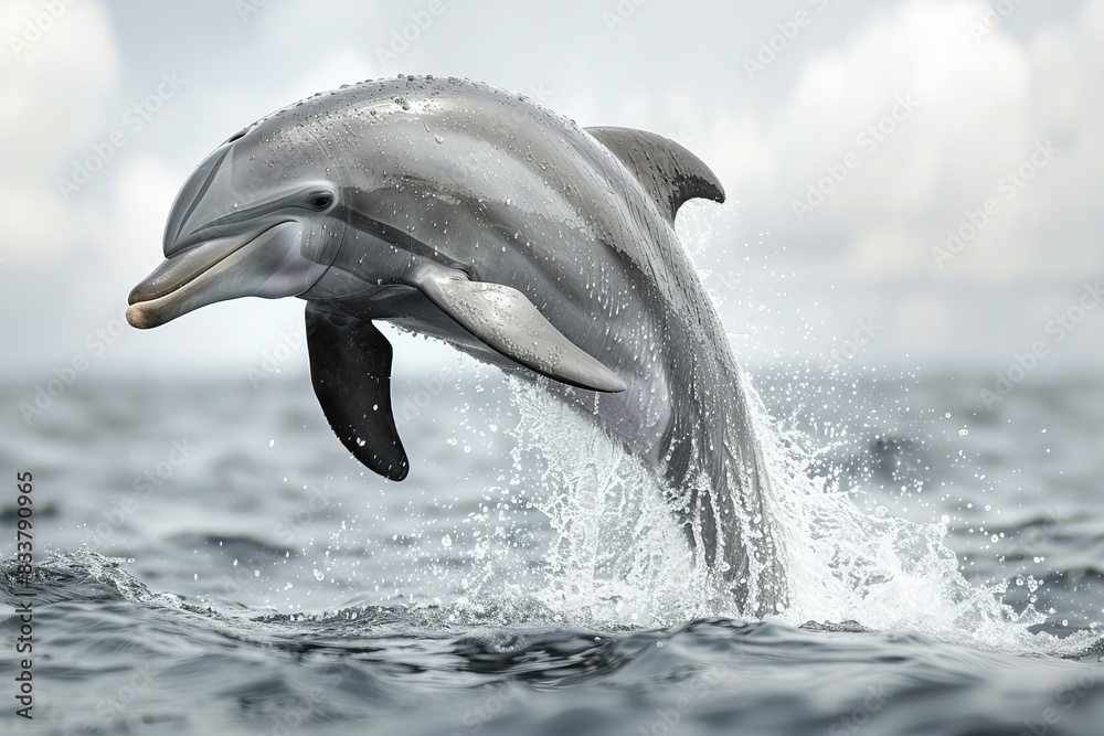 Beautiful realistic gray dolphin jumping on white background, detailed illustration, highly textured, high resolution, super quality