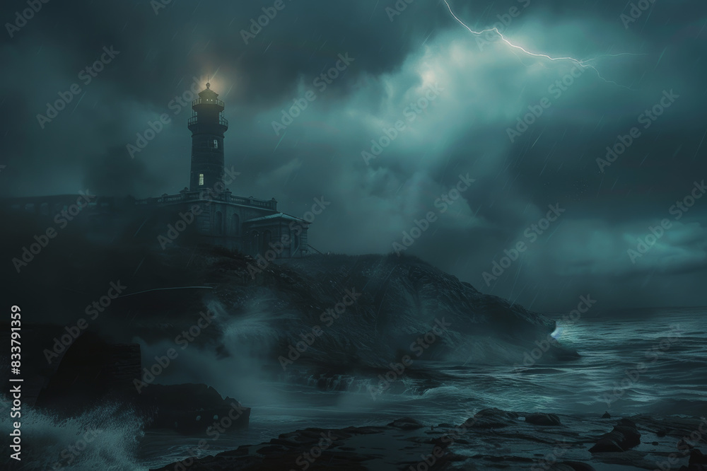 Stormy Sentinel A Dramatic View of an Abandoned Lighthouse Shrouded in Darkness