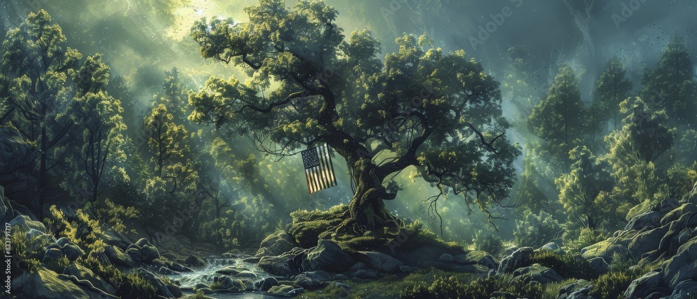 A hyperrealistic digital painting of an ancient tree with leaves in the shape of the USA flag A hyperrealistic digital painting of an ancient tree with leaves in the shape of the USA flag