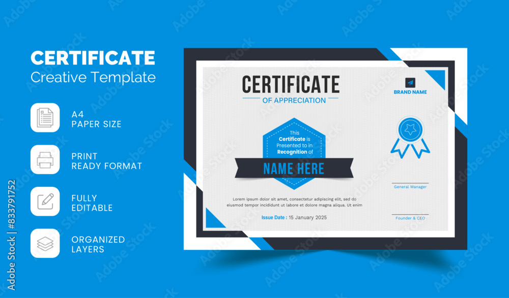 Naklejka premium Minimal Professional Certificate Template | Certificate of Appreciation Template Design | Editable Organized Layered Layout