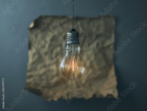 A light bulb suspended elegantly above a textured piece of paper, with soft shadows and a concept of creativity waiting to be unleashed photo