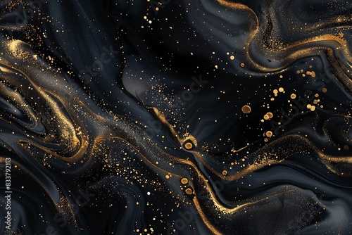 Dark luxury liquid paint abstract seamless pattern. Black ink with gold glitter decoration. AI generated
