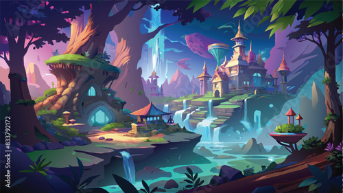 Fantasy elven cities in ancient forests, bathed in mystical lights and colors