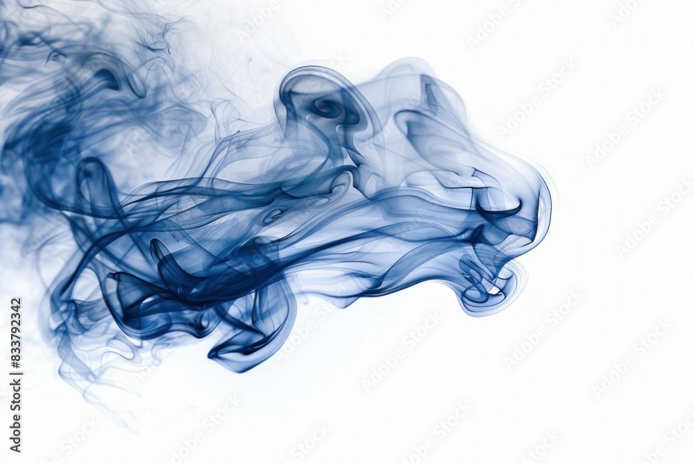 Fototapeta premium Mysterious blue smoke surrounding black cat in the center on white background, intriguing and captivating artistic image
