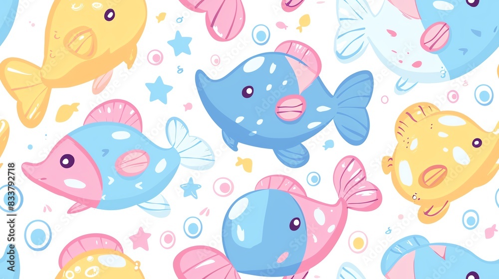 Fototapeta premium Hand-drawn seamless pattern featuring playful pastel-colored comic bee characters with big eyes and cute antennas, creating a fun and lively design