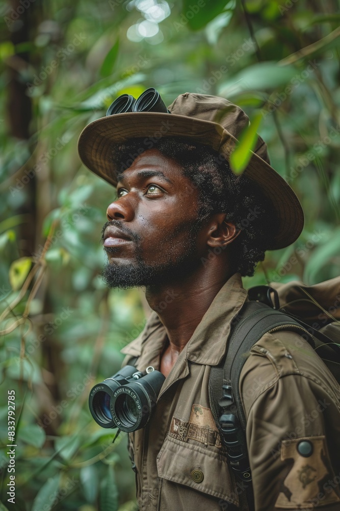 Fototapeta premium Afro park ranger, uniform and binoculars, in a national park, wild, natural