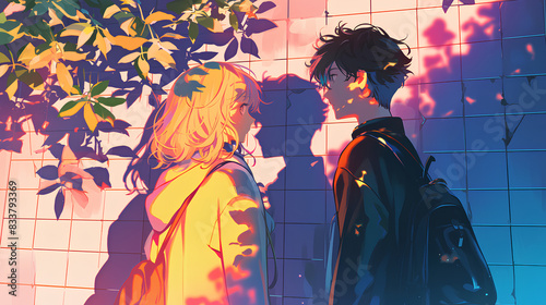 anime boy and girl are near the wall with sunlight photo