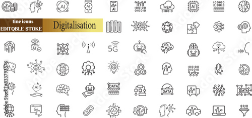Digitalisation web icons. Digital technology icons such as cloud computing, artificial intelligence, mobile