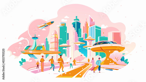 Futuristic City Life Illustration with Pedestrians and Flying Cars