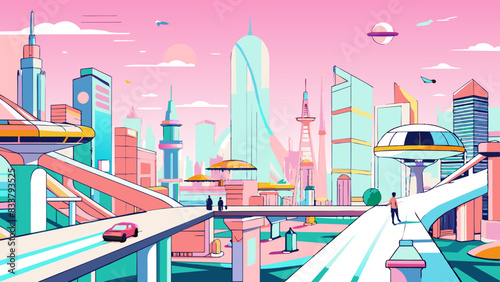 Futuristic Cityscape in Pastel Hues with Monorail and Skyscrapers