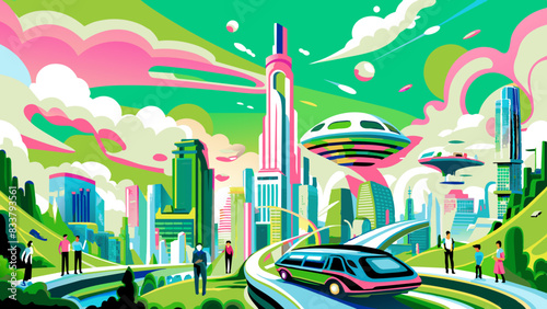 Vibrant Futuristic Cityscape with Diverse People and Advanced Transport