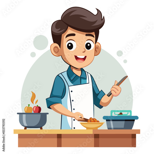 A boy in an apron is cooking stew in a kitchen. He is stirring the stew in a pot and has a bowl of vegetables beside him. The kitchen setting is cozy and inviting.