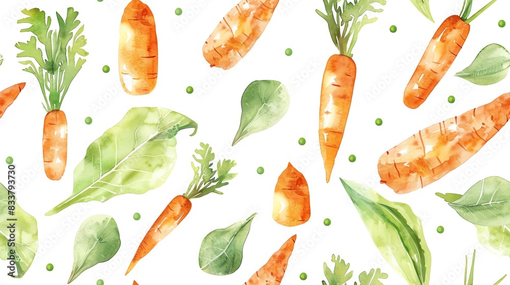 Seamless pattern of watercolor hand-drawn carrots and leafy greens, creating a fresh and vibrant vegetable design Seamless pattern of watercolor hand-drawn carrots and leafy greens, creating a fresh and vibrant vegetable design