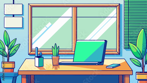 Vibrant Home Office with Laptop and Houseplants Illustration