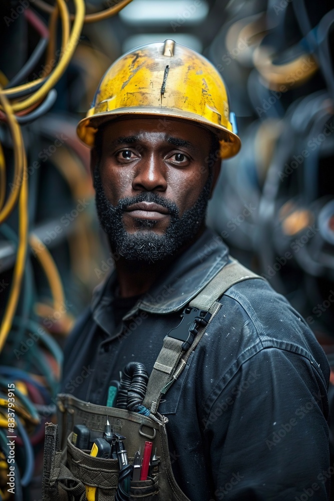 Afro electrician, tool belt and hard hat, industrial site, intricate wiring focus Afro electrician, tool belt and hard hat, industrial site, intricate wiring focus