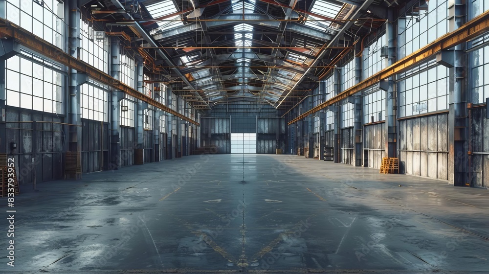 empty steel structure workshop interior industrial background 3d illustration empty steel structure workshop interior industrial background 3d illustration