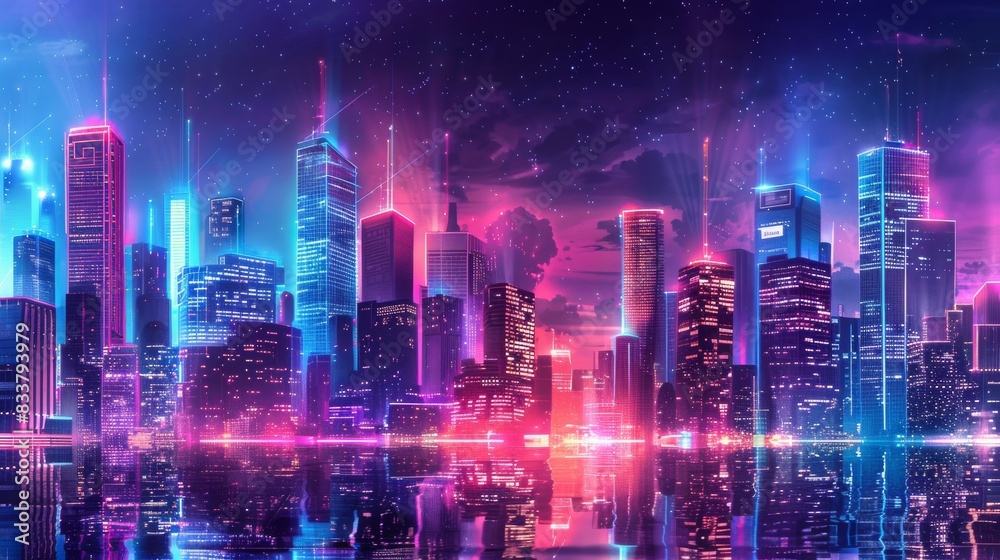 a striking digital cityscape at night, vibrant with electric neon colors and high-tech skyscrapers a striking digital cityscape at night, vibrant with electric neon colors and high-tech skyscrapers