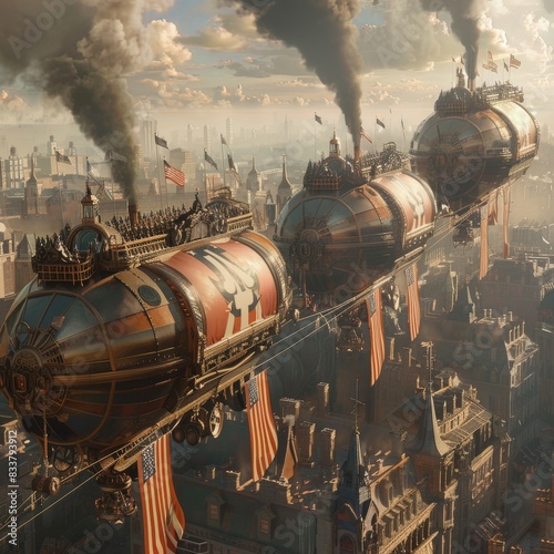 A steampunkstyle airship parade with mechanical creatures holding USA flag banners, flying over a steamfilled city, Steampunk, 3D, Metallic photo