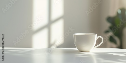 A white coffee cup sits on a table in front of a window shadow