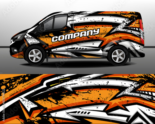 Delivery van vector design. Car sticker. Development of car design for the company. Car branding. Orange and white stripes on black background for car vinyl sticker.
