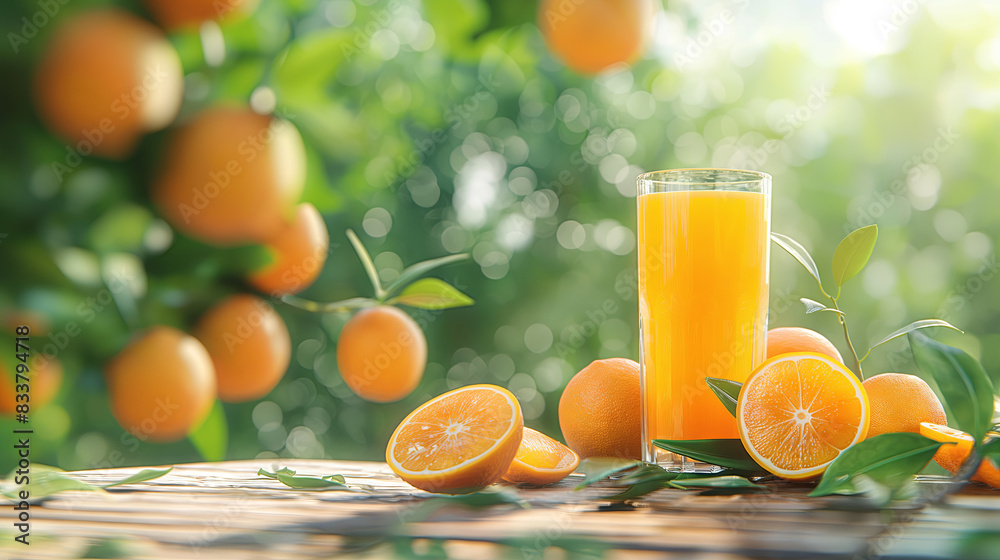 Naklejka premium Orange Juice with slices on a sunlit wooden table