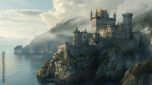 A majestic castle perched on a rocky cliff overlooking the sea. photo