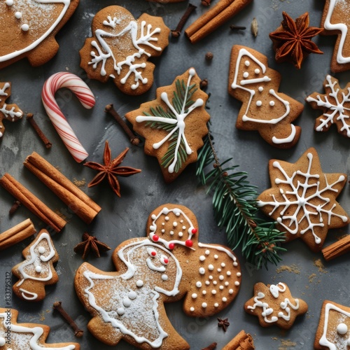 Decorated gingerbread cookies with spices on table. Homemade Christmas cookies on gray slate background repeat