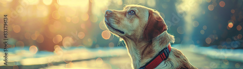 Closeup of a pet wearing a smart collar GPS, vibrant theme, double exposure effect, urban park backdrop photo