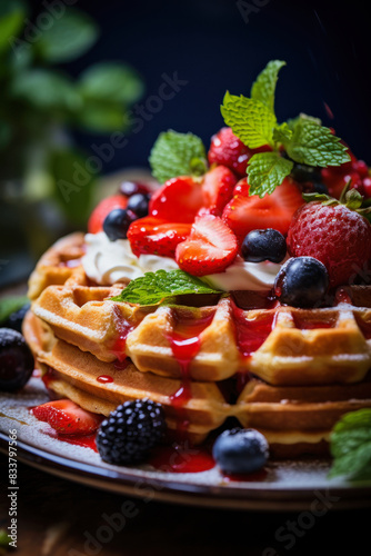 illustration of freshly baked waffles on a plate with strawberries and cream, close up