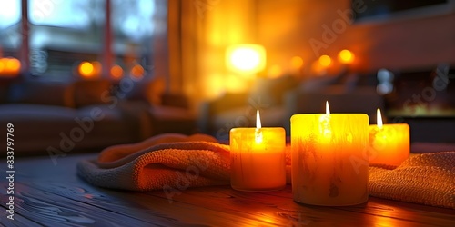Design a warm and inviting living room ambiance with candles, blankets, and soft lighting. Concept Cozy Home Decor, Candlelight Ambiance, Warm Living Space photo