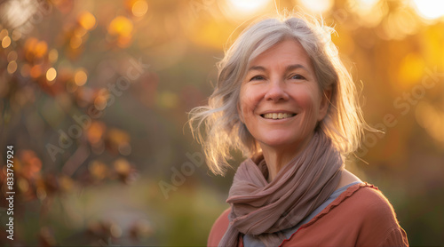 Retrato de uma mulher de meia-idade sorrindo para a câmera em um jardim durante a hora dourada