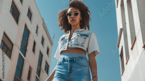A stylish young woman walking confidently on an urban street, dressed in trendy denim and a cropped top with a striking pose isolated on white background, png
 photo