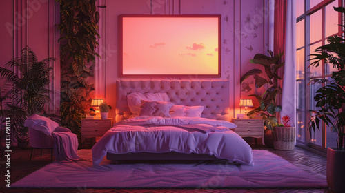 blank frame mockup in a purple colored bedroom, cozy warm lighting