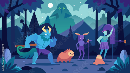 Challenge your mind and body in a virtual highintensity interval training session set in a mystical forest surrounded by mythical creatures.. Vector illustration