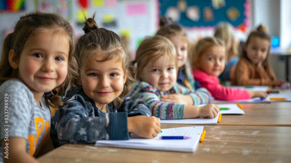 primary elementary school group of children studying in the classroom. learning and sitting at the desk. young cute kids smiling, high quality photo primary elementary school group of children studying in the classroom. learning and sitting at the desk. young cute kids smiling, high quality photo