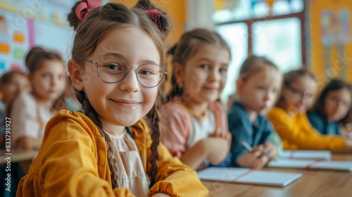 primary elementary school group of children studying in the classroom. learning and sitting at the desk. young cute kids smiling, high quality photo