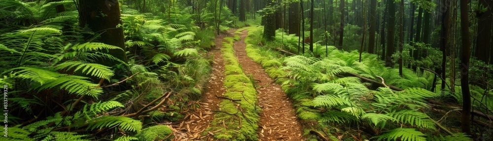 Obraz premium Serene Trail Through Lush Green Forest with Ferns and Moss