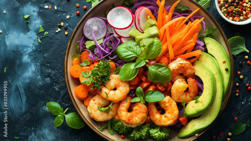 Shrimp Vegetable Salad in the Bowl: Cucumbers, Tomato, Lettuce, Avocado, Carrots, and Basil, Fresh and Healthy Meal, Colorful and Nutritious Dish, Vibrant and Appetizing Presentation Shrimp Vegetable Salad in the Bowl: Cucumbers, Tomato, Lettuce, Avocado, Carrots, and Basil, Fresh and Healthy Meal, Colorful and Nutritious Dish, Vibrant and Appetizing Presentation