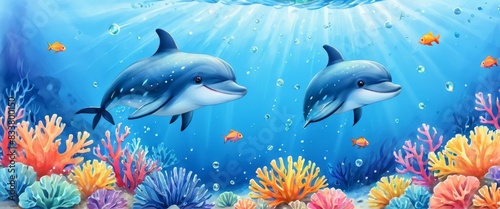 Two playful dolphins swimming joyfully amidst a vibrant coral reef, surrounded by colorful fish and bright corals. The underwater scene is filled with light beams penetrating the water, adding a