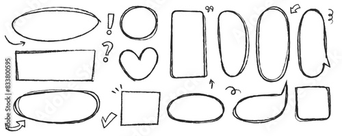 Set of highlight pen line elements. Black pencil brush. Marker round and elipse and scribble heart and speech bubble. Doodle square frame. Vector png illustration. (ID: 833800595)