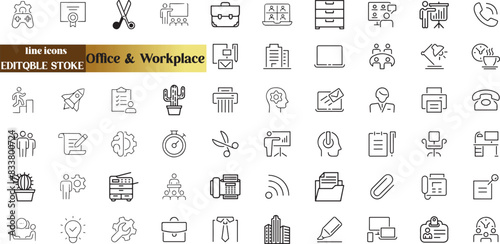 Office and Workplace web icons in line style. Employe, conference, project, document, business, work,
