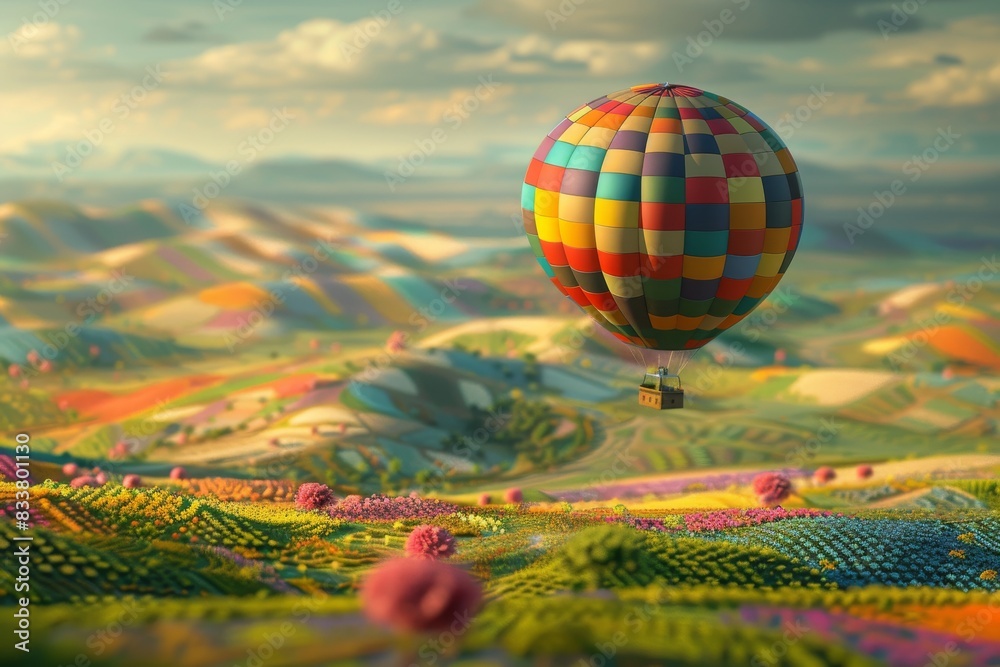 Fototapeta premium Capture Imagination as a colorful hot air balloon floating gracefully over a vibrant patchwork landscape, a sense of wonder and freedom in the air