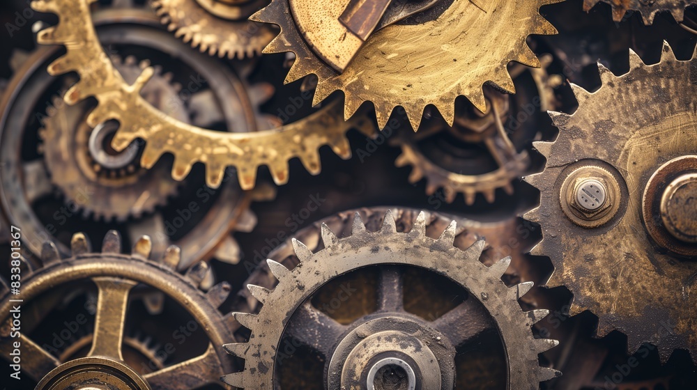 Close-up of industrial gears of different sizes and colors forming a single mechanism. Close-up of industrial gears of different sizes and colors forming a single mechanism.