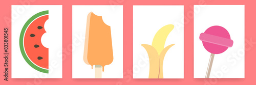 Ice cream, Watermelon slice, banana, popsicle and lolipop summer poster set. Summer time and vacations background patterns and posters set. Perfect background for posters, cover art, flyer, banner.