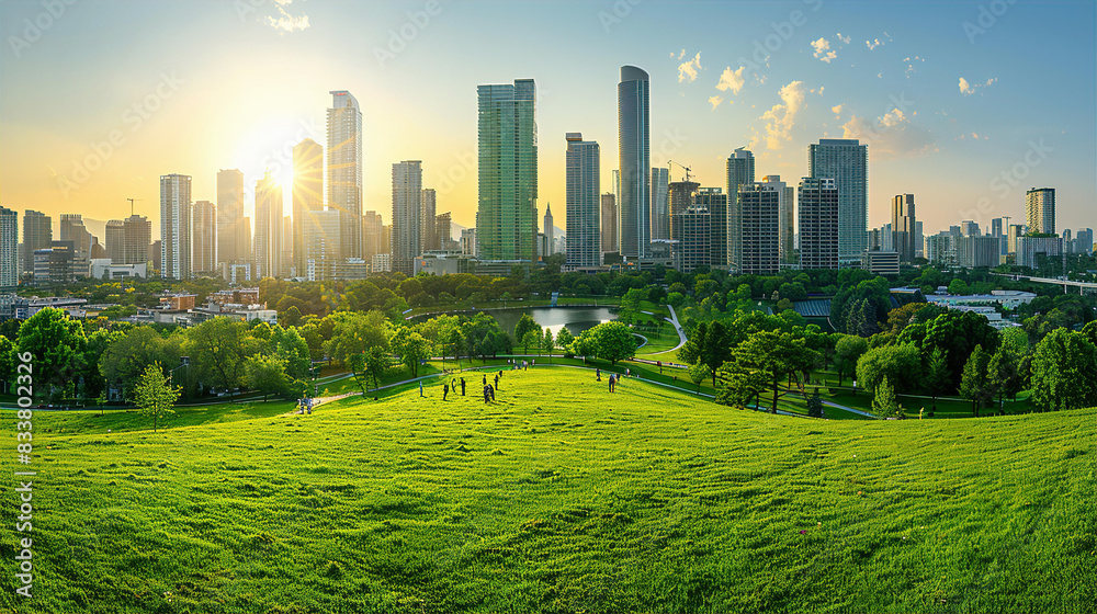 Obraz premium Beautiful modern city with skyscrapers of financial district surrounded by park with lots of trees and fields. Eco living city, environmental friendly