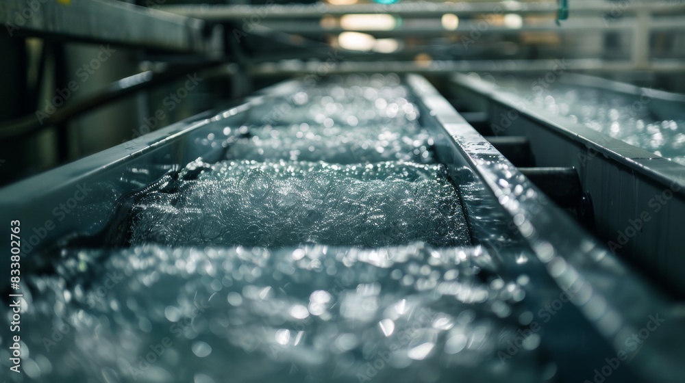 Close-up of industrial water treatment process with flowing water in metal channels, highlighting motion and turbulence in a factory setting. Close-up of industrial water treatment process with flowing water in metal channels, highlighting motion and turbulence in a factory setting.