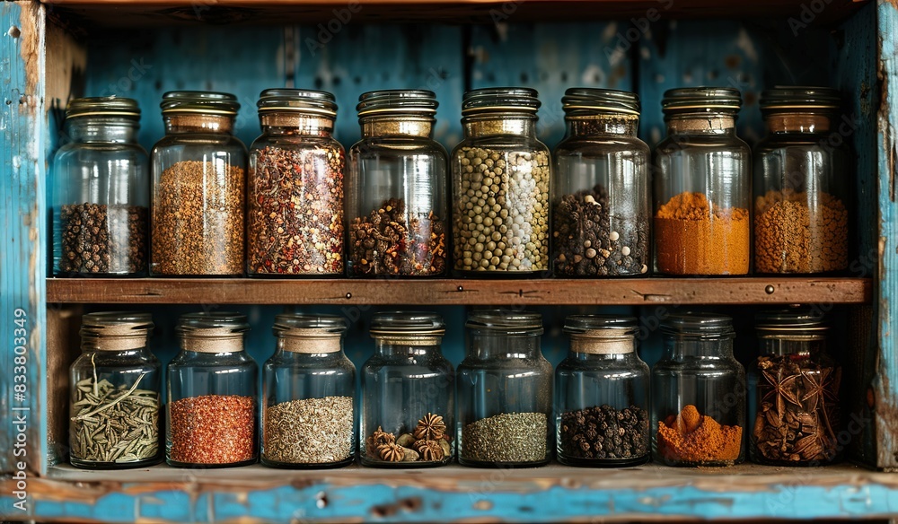 A closeup of glass jars filled with various spices and seasonings, arranged on an old wooden shelf in the kitchen. A closeup of glass jars filled with various spices and seasonings, arranged on an old wooden shelf in the kitchen.