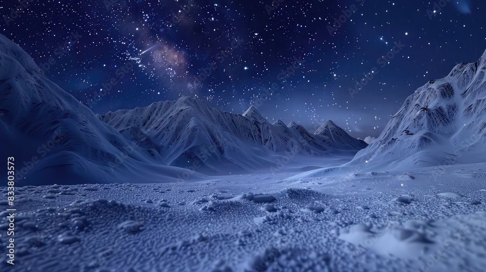 Night sky over a sweeping landscape of snow mountains. Detailed focus on snow texture and starlight clarity.
