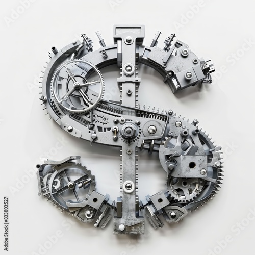 Dollar symbol in the shape of mechanical parts and gears.